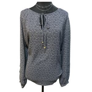 Michael Kors Floral Long Sleeve Blouse,Tie front,MK Logo on Drawstring,SZ L, NWT